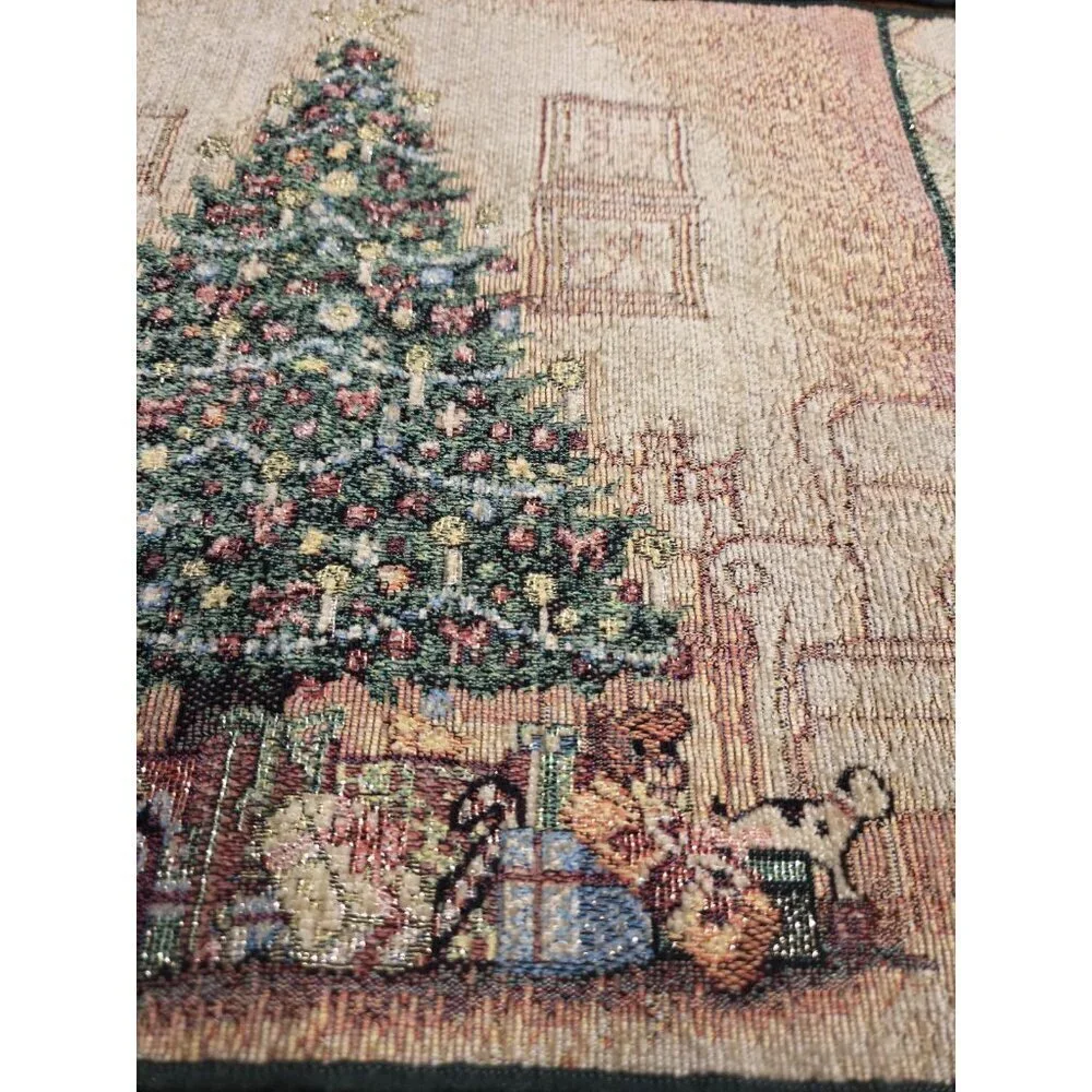 Vtg Christmas Tree Scene Woven Tapestry Placemat Presents Fireplace 11.5x18